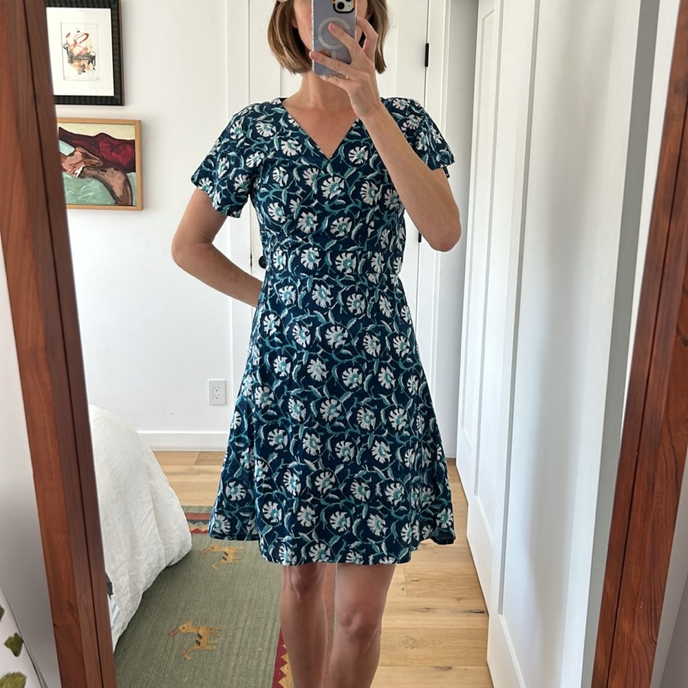 Blue Cotton Floral Block Print Wrap Mini Dress